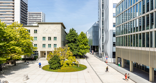 An elevated view of buildings, open space and greenery on Novartis Campus